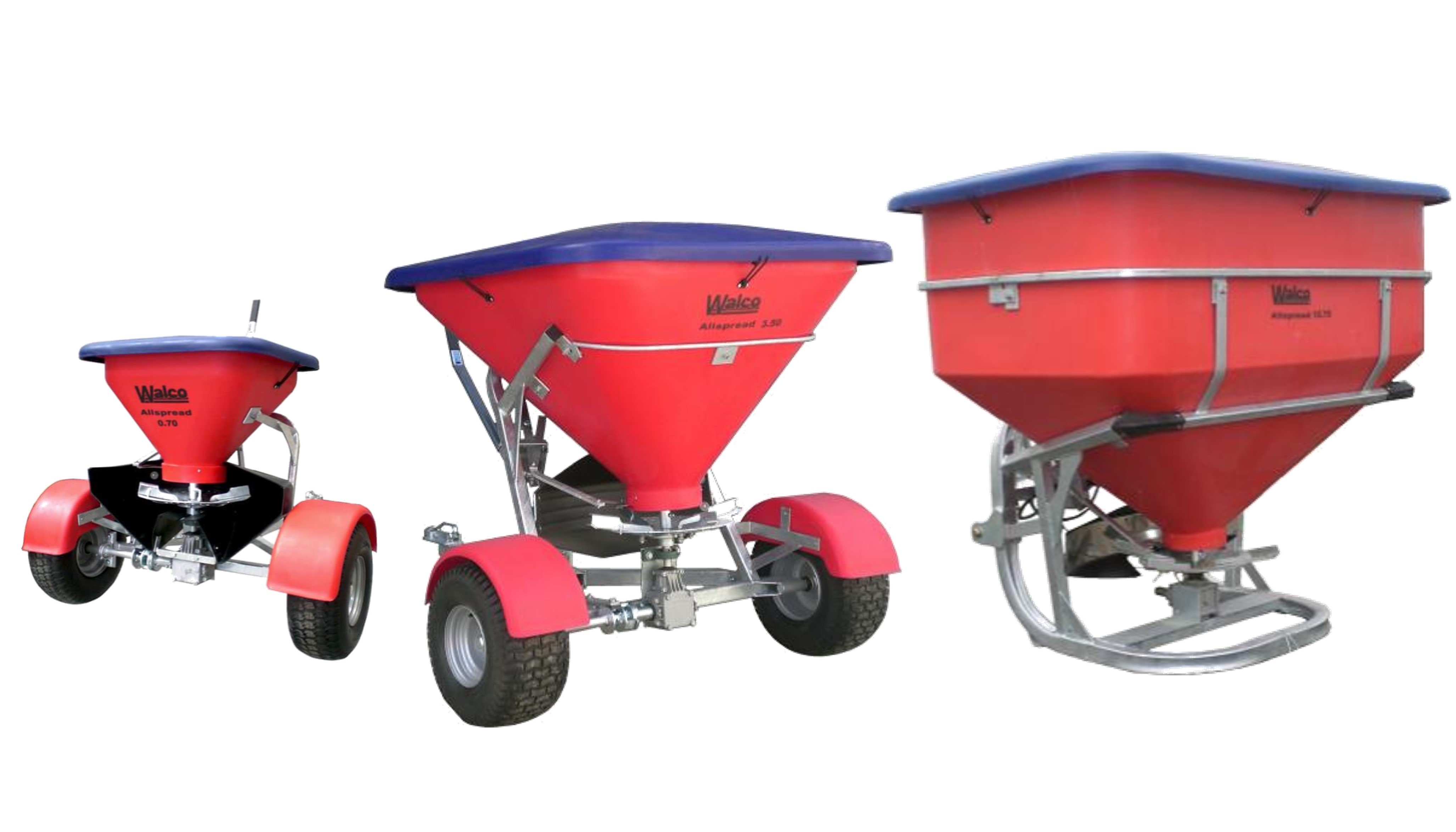 Delmade offers 5 different sizes of Walco Spreaders - 70L, 175L, 350L and 1275L.  Linkage & Trailing; Tandem, wide and single axel units avaliable