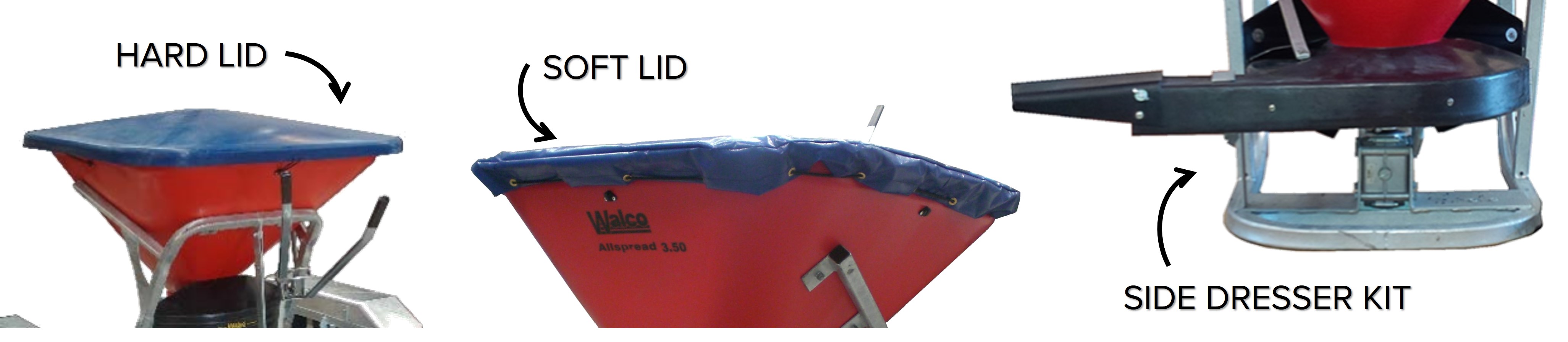 Delmade offers Hard and Soft Lids, and side dresser kits as additional features for Walco Spreaders