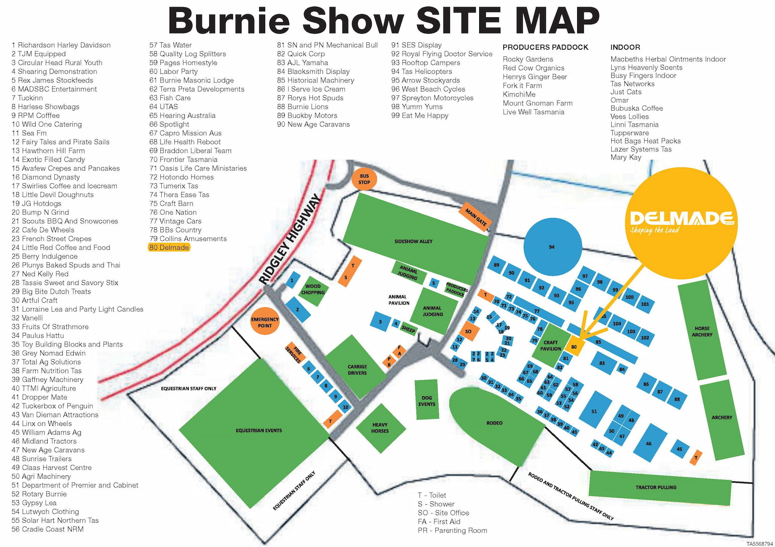 Delmade at the Burnie Show 2019.  Site Map - Delmade Location Site 78 near the Craft Pavilion
