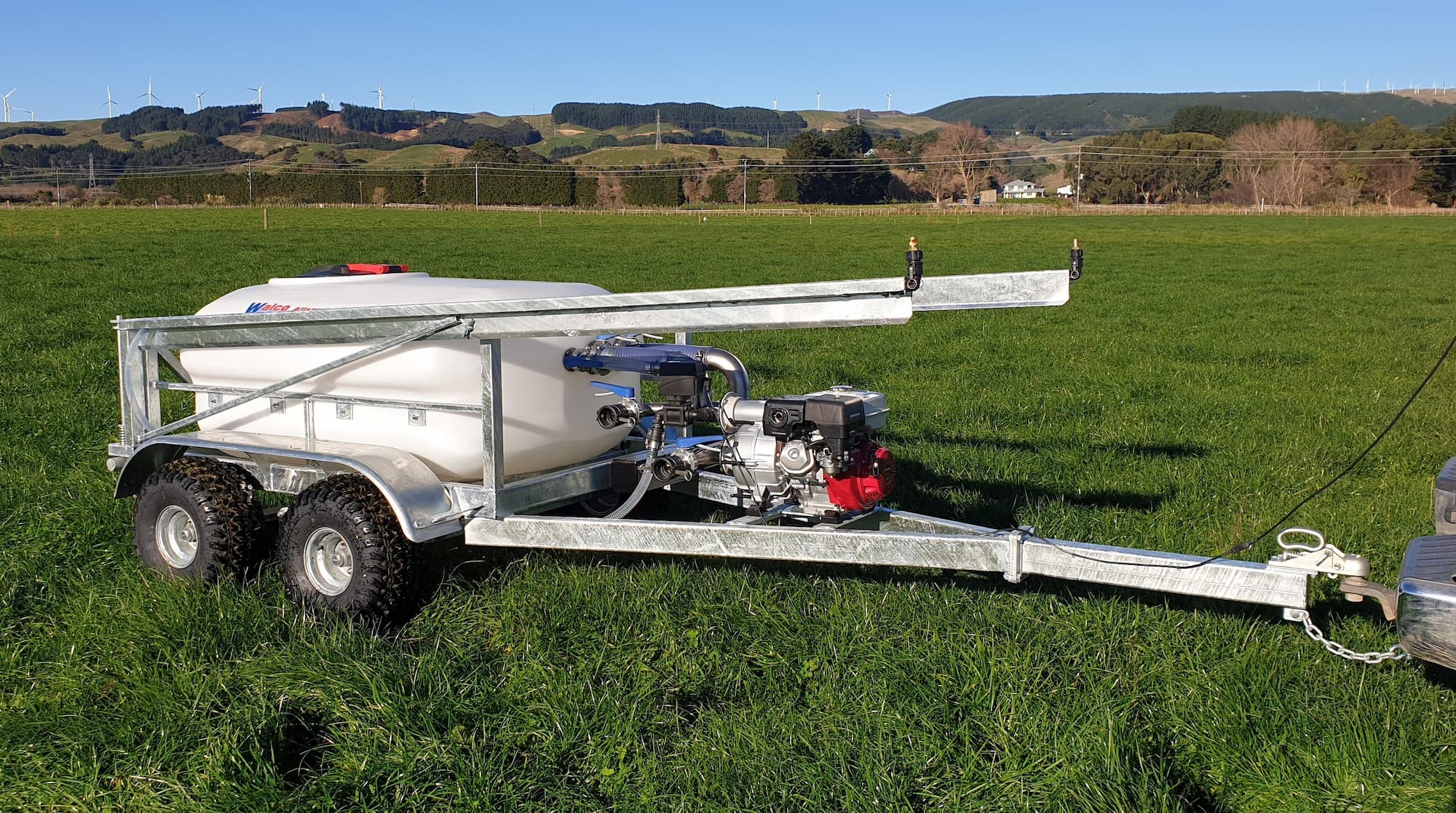 The Walco Allspray 1200 liquid fertilizer spreader sold by Delmade can be towed behind a 4WD Ute, SUV or Tractor.