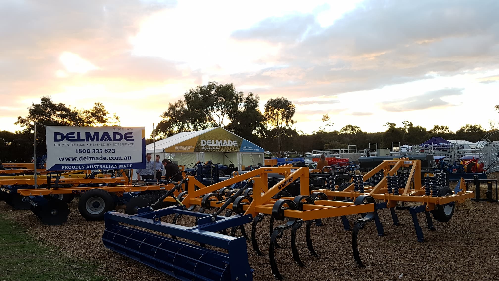 Delmade at Agfest 2019. Display showing portion of agricultural equipment on display, and tent