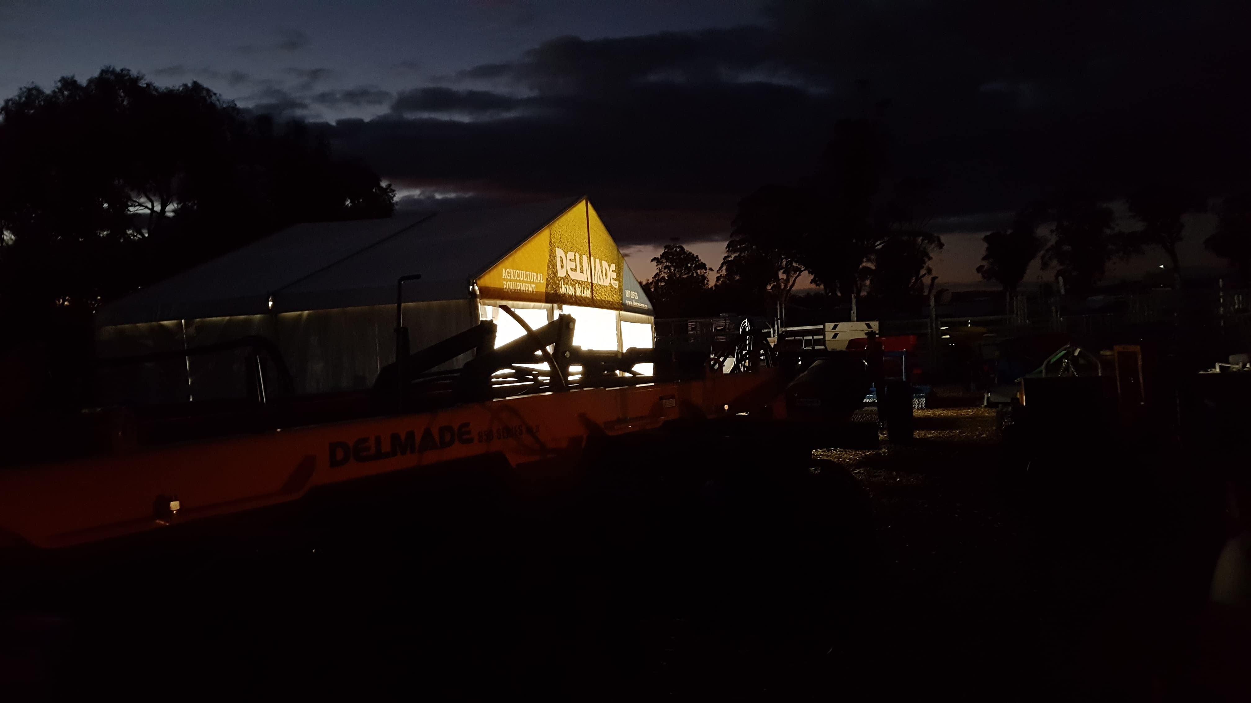 Delmade at Agfest 2019. Tent and Equipment in the Evening
